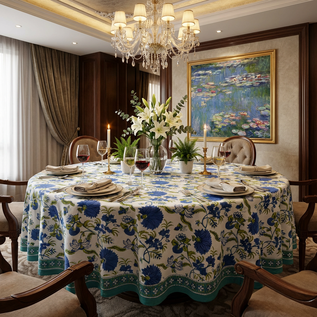 Hand Block Printed Cotton Round Tablecloth 180 cms Flower Blossom Sea Green Open 100358