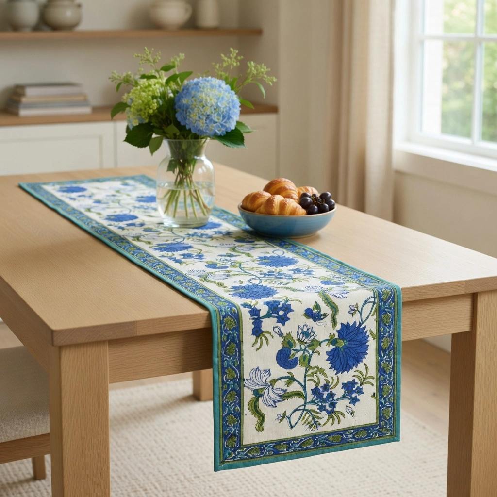 Hand Block Printed Cotton Canvas Table Runner 33x120 cms Flower Blossom Sea Green Open 100358