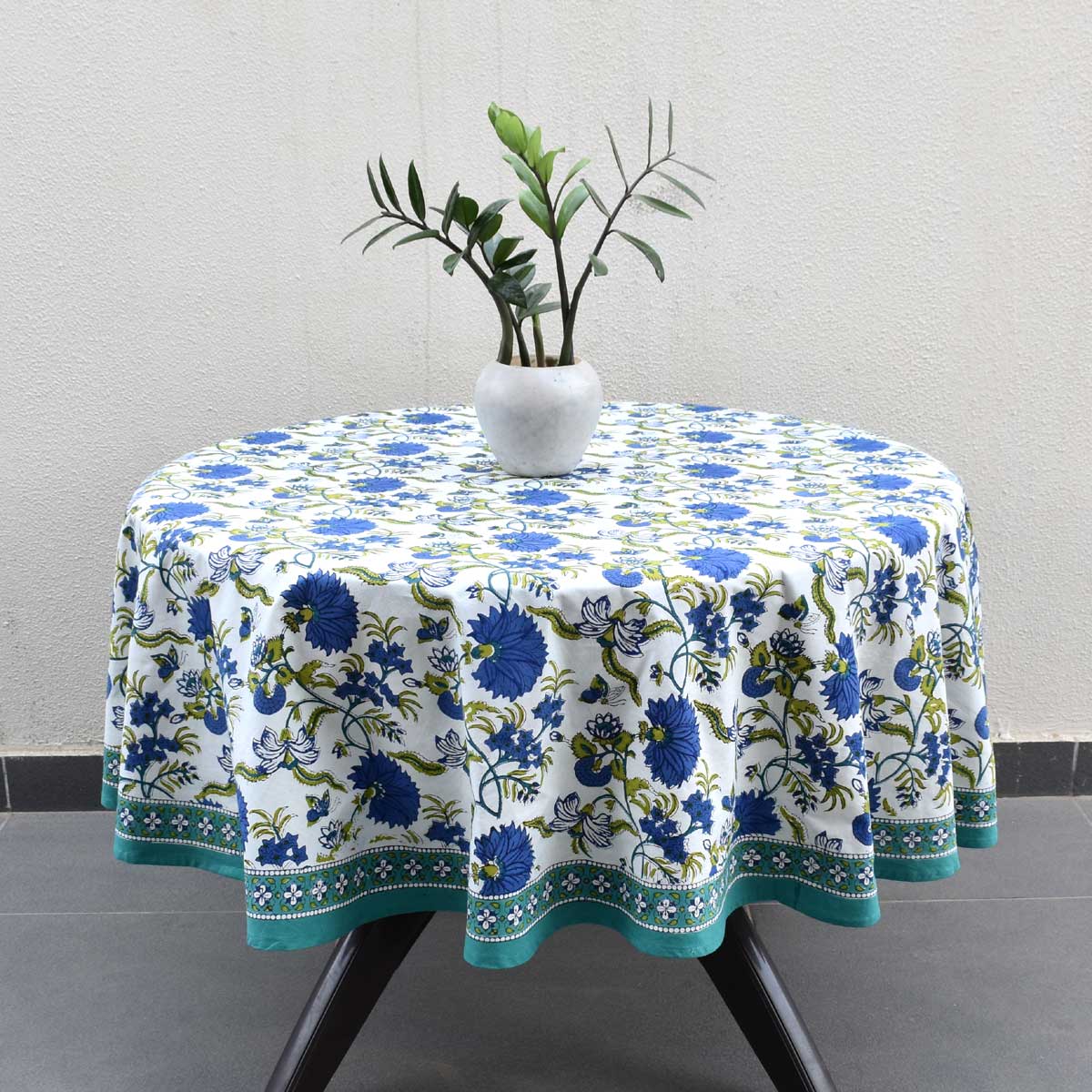 Hand Block Printed Cotton Round Tablecloth 180 cms Flower Blossom Sea Green Open 100358