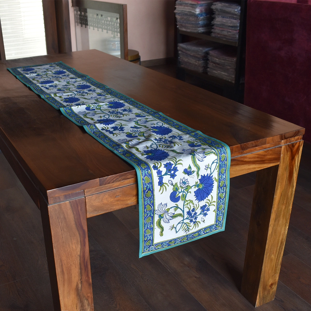 Hand Block Printed Cotton Canvas Table Runner 33x170 cms Flower Blossom Sea Green Open 100358