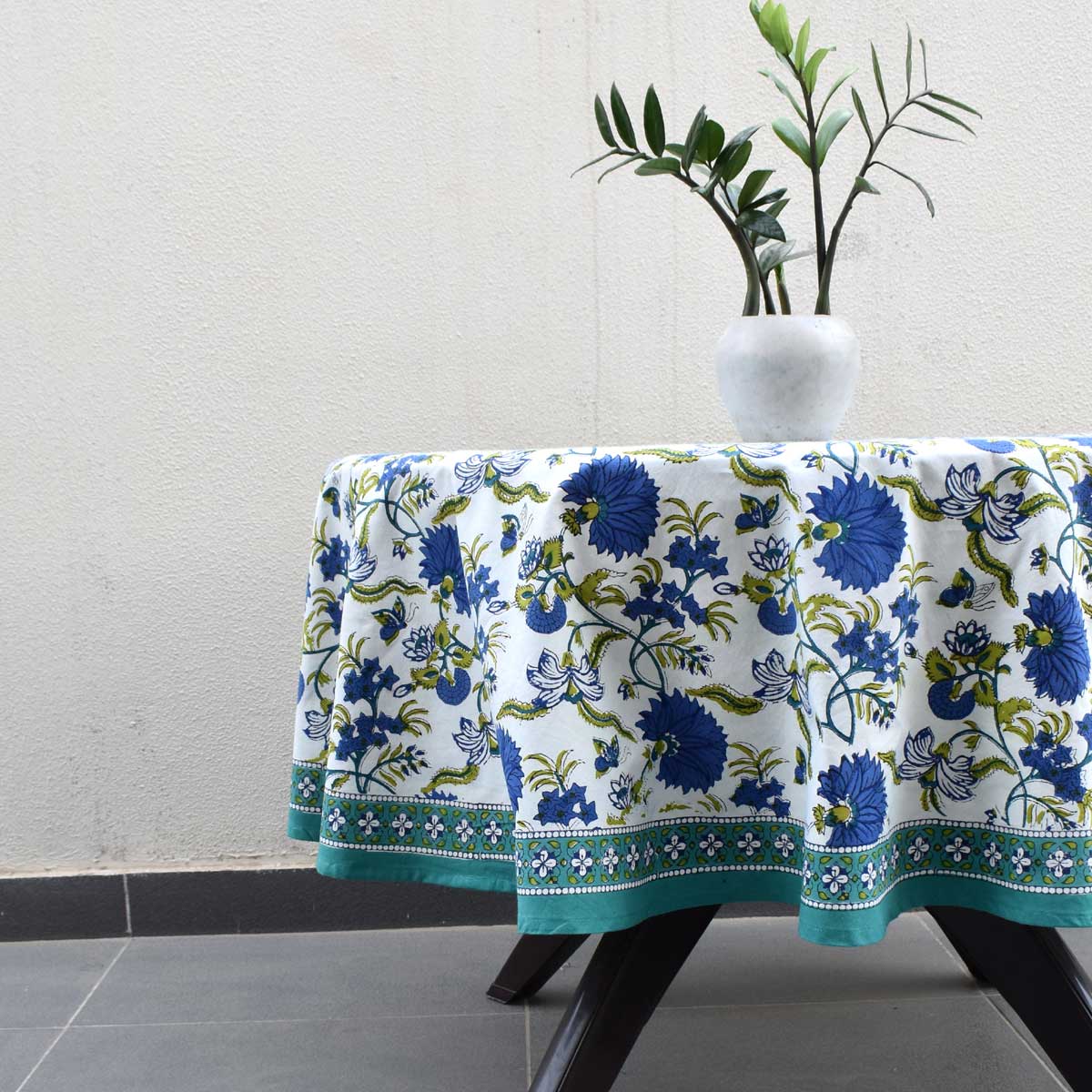 Hand Block Printed Cotton Round Tablecloth 180 cms Flower Blossom Sea Green Open 100358