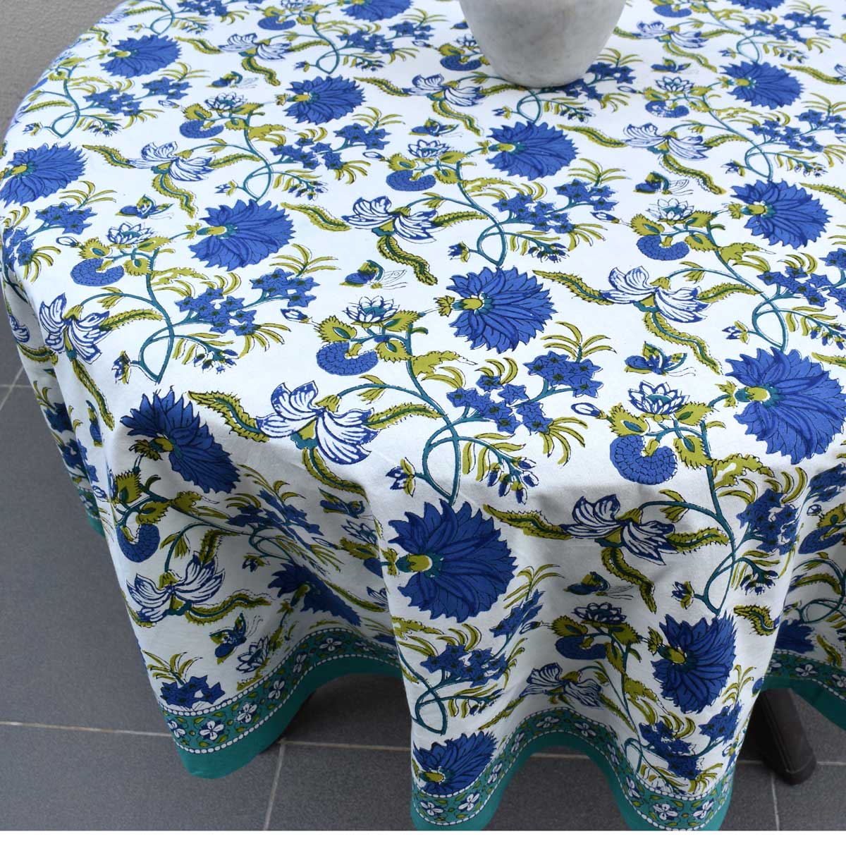 Hand Block Printed Cotton Round Tablecloth 180 cms Flower Blossom Sea Green Open 100358