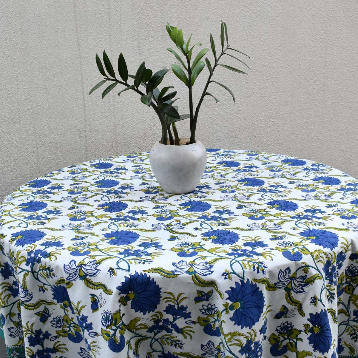 Hand Block Printed Cotton Round Tablecloth 180 cms Flower Blossom Sea Green Open 100358
