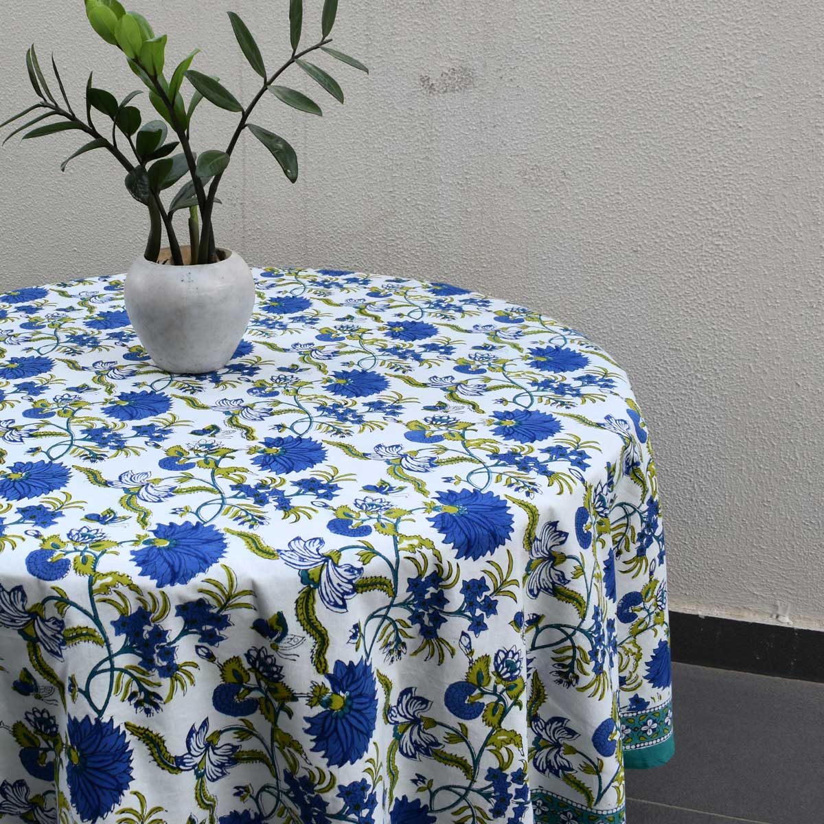Hand Block Printed Cotton Round Tablecloth 180 cms Flower Blossom Sea Green Open 100358