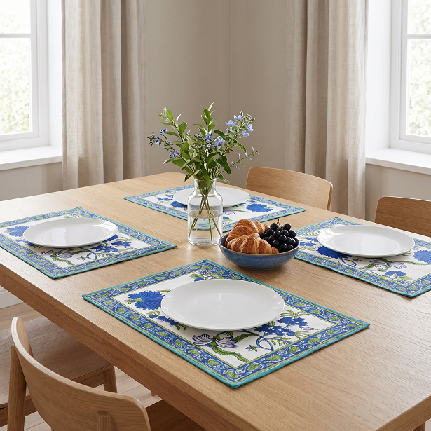 Hand Block Printed Cotton Canvas Table Mat 32x48 cms Set of 2 Table mats Flower Blossom Sea Green Open 100358