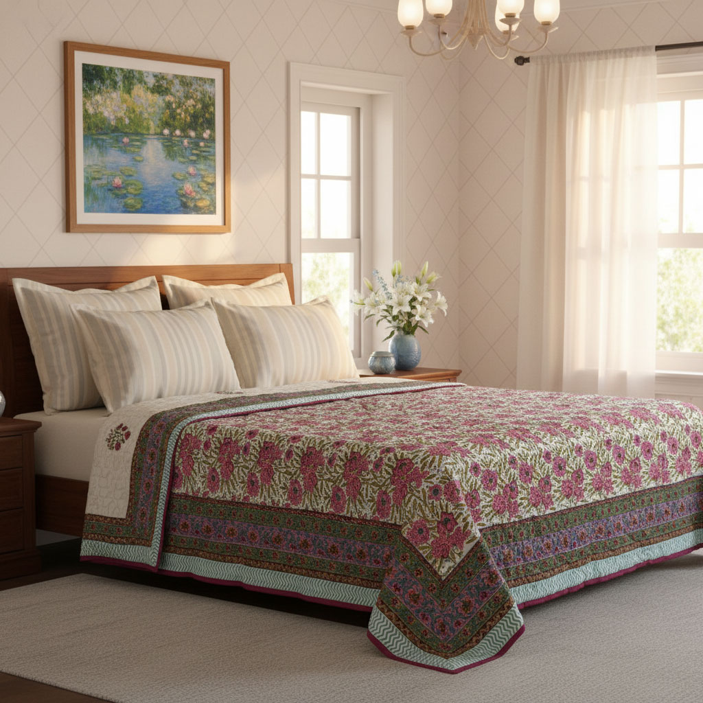 Hand Block Printed Cotton Queen Size Quilt Flower Candy 103451