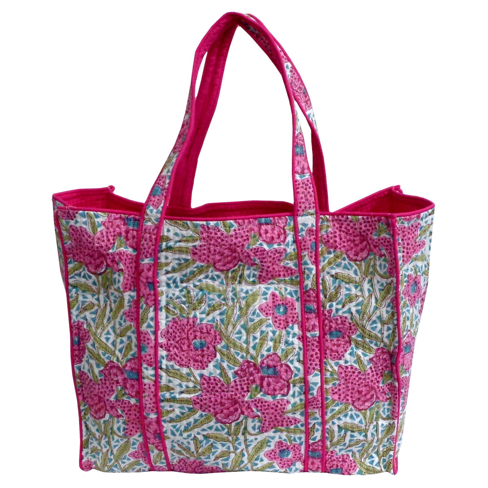 Hand Block Printed Cotton Quilted Tote Bag Flower Candy 501473