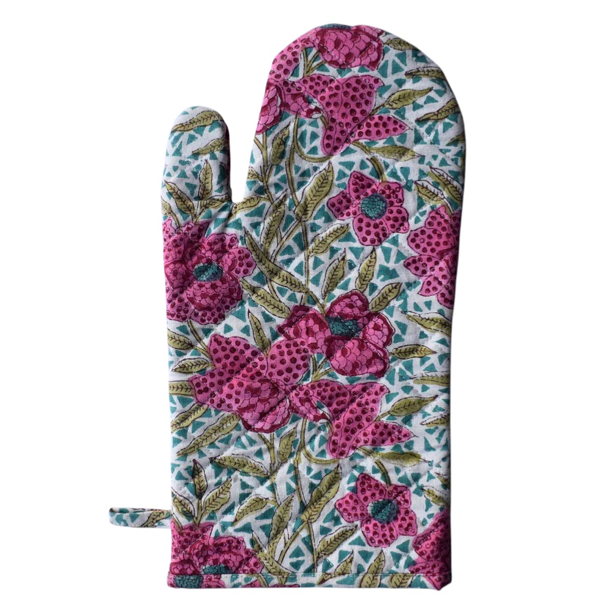 Artisan-Made Hand Block Printed Oven Mitt and Pot Holder Set Flower Candy 602232