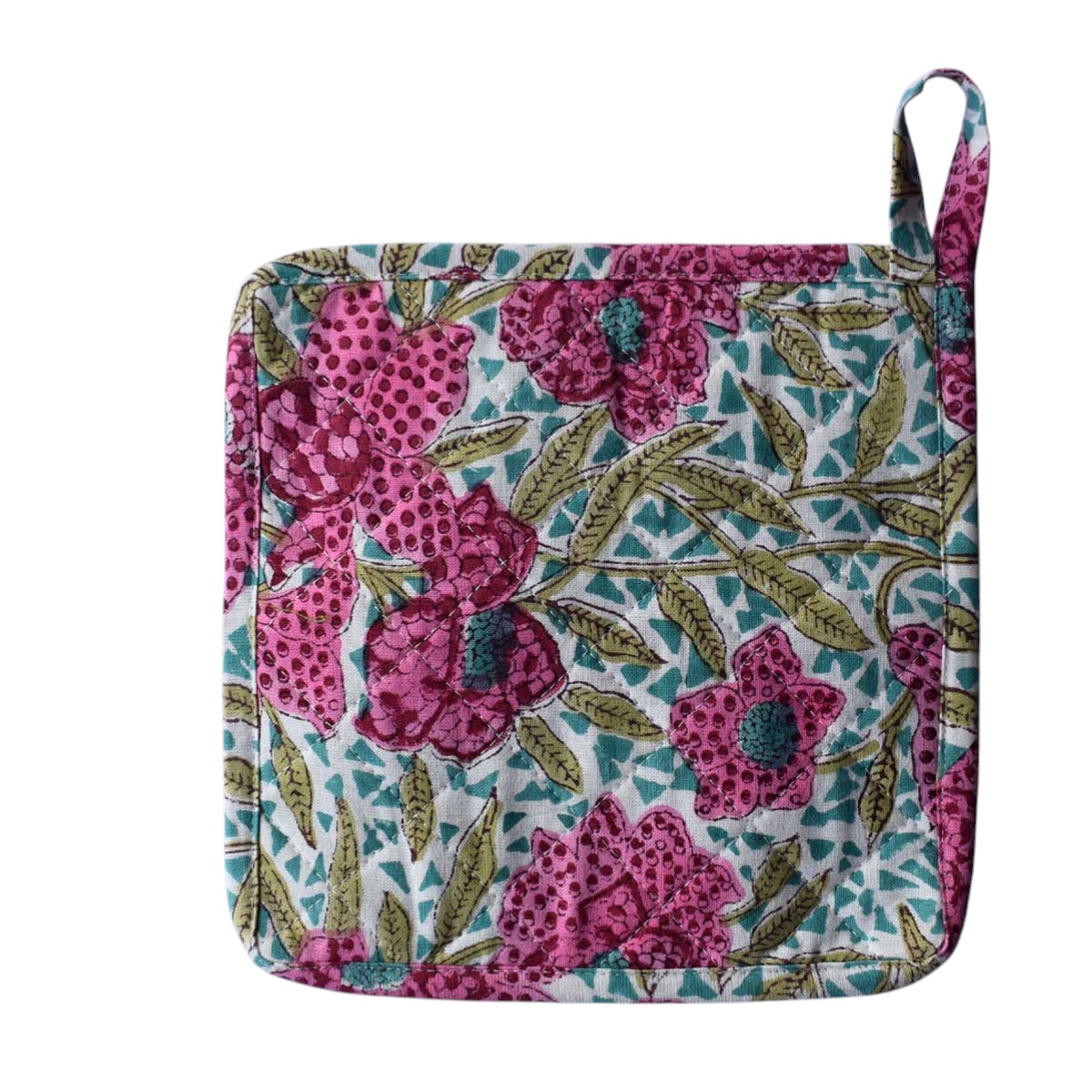 Artisan-Made Hand Block Printed Oven Mitt and Pot Holder Set Flower Candy 602232