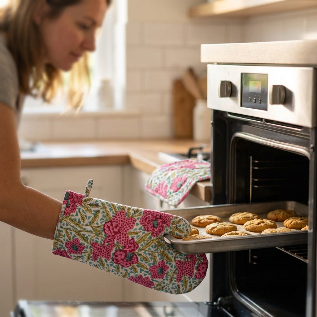 Artisan-Made Hand Block Printed Oven Mitt and Pot Holder Set Flower Candy 602232