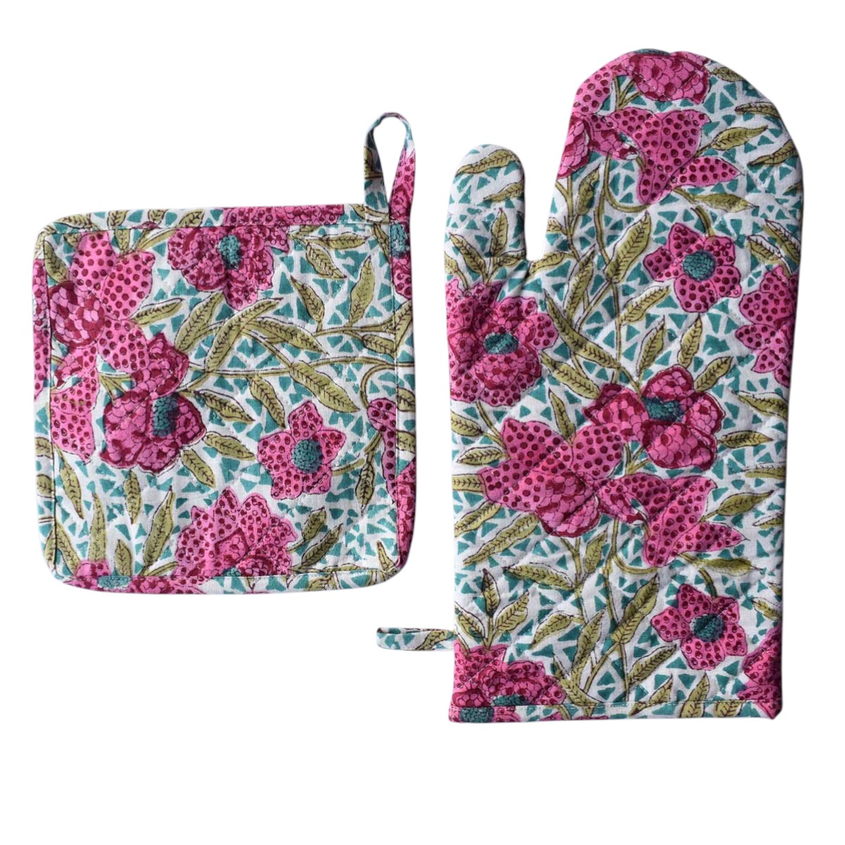 Artisan-Made Hand Block Printed Oven Mitt and Pot Holder Set Flower Candy 602232