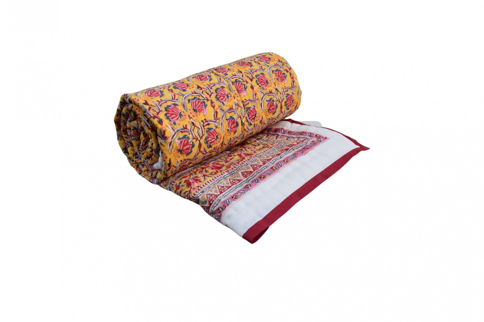 Hand Block Printed Twin Size Quilt Frost Mustard Floral 1095