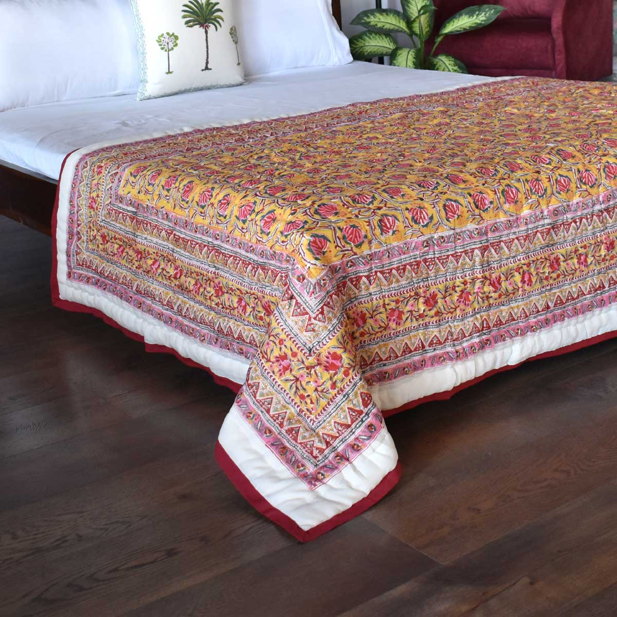 Hand Block Printed Twin Size Quilt  Frost Mustard Floral 1095