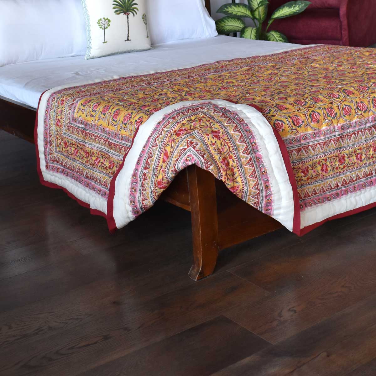 Hand Block Printed Twin Size Quilt Frost Mustard Floral 1095