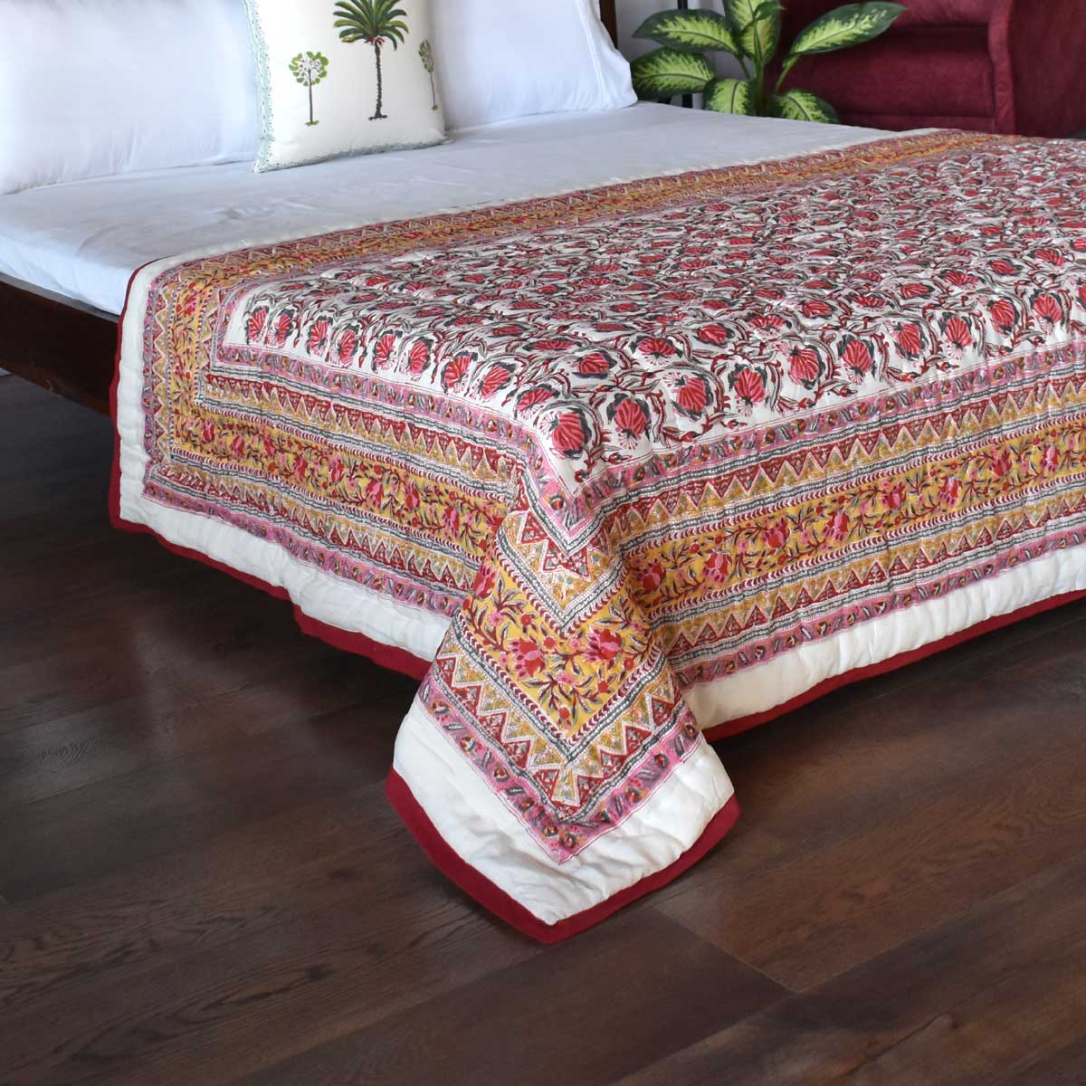 Hand Block Printed Twin Size Quilt  Frost Mustard Floral 1095