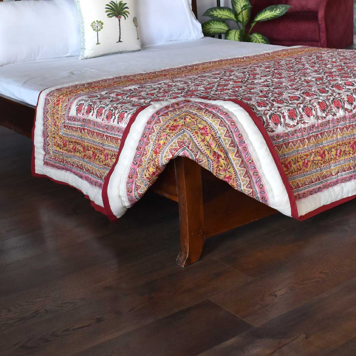 Hand Block Printed Twin Size Quilt Frost Mustard Floral 1095