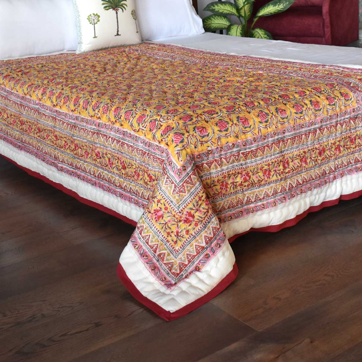 Hand Block Printed Twin Size Quilt  Frost Mustard Floral 1095