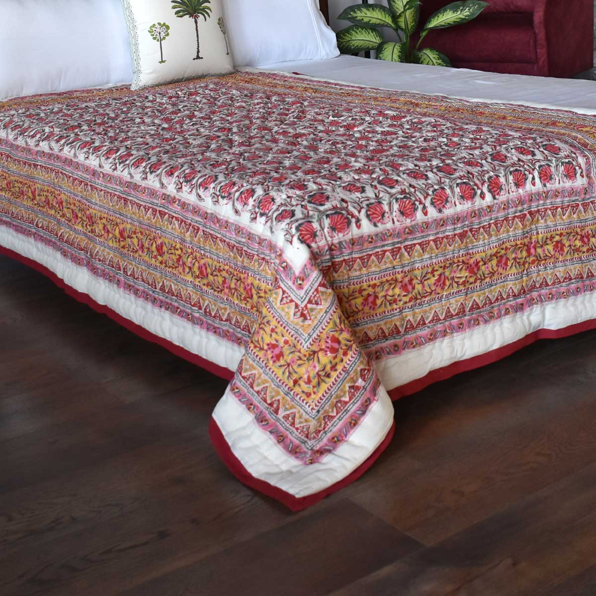 Hand Block Printed Twin Size Quilt Frost Mustard Floral 1095