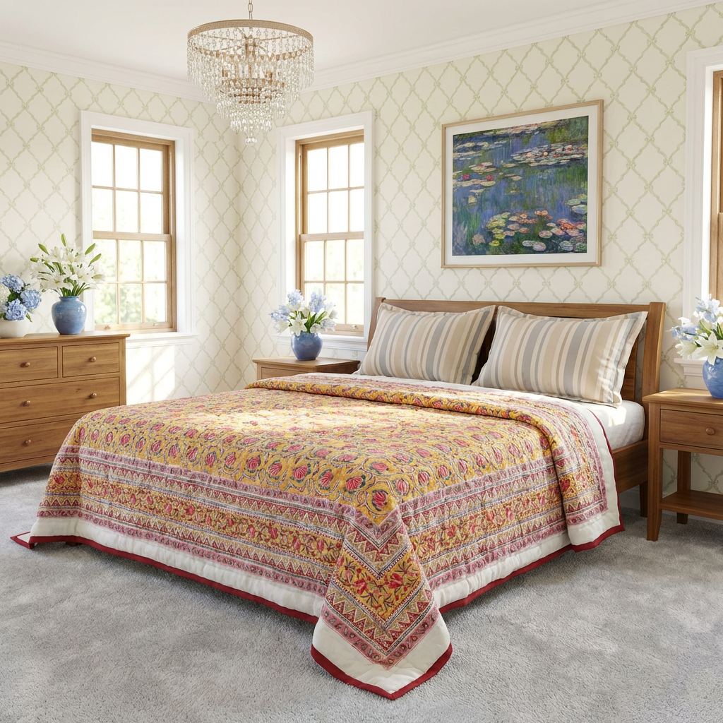 Hand Block Printed Twin Size Quilt  Frost Mustard Floral 1095