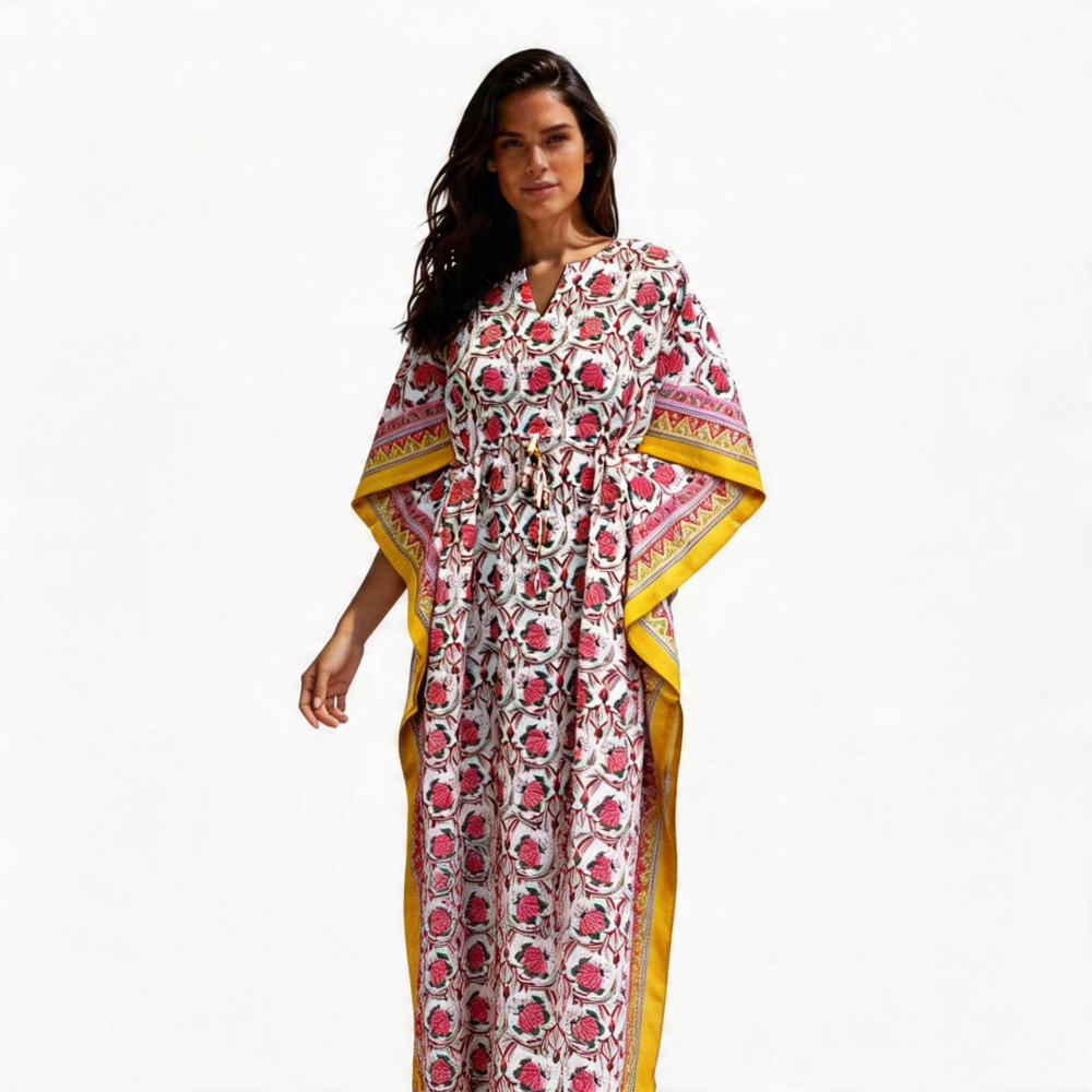 Image of Long Size Kaftan Free Size Indian Block-Printed Loungewear in Soft Cotton Voile | Frost Mustard Floral Open 103242