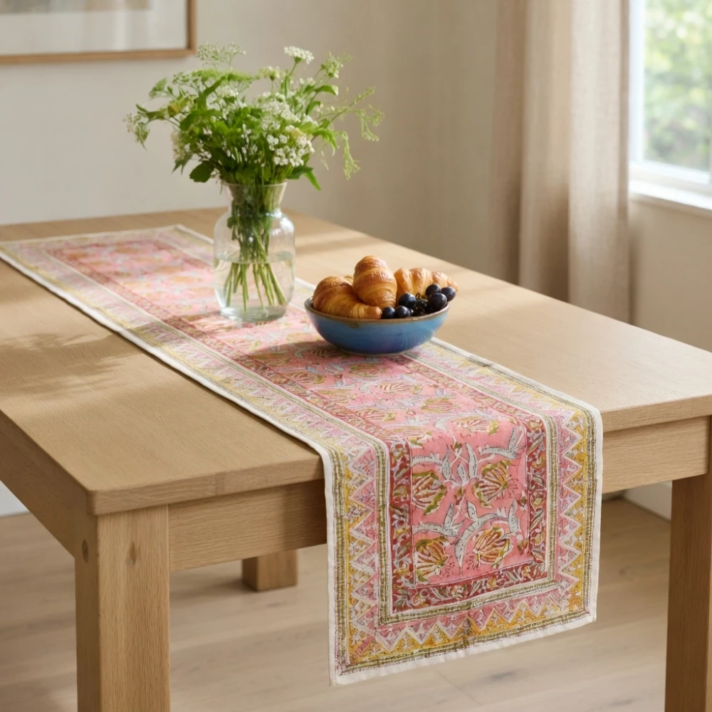 Image of Hand Block Printed Cotton Canvas Table Runner 33x120 cms | Frost Pink Floral 202816