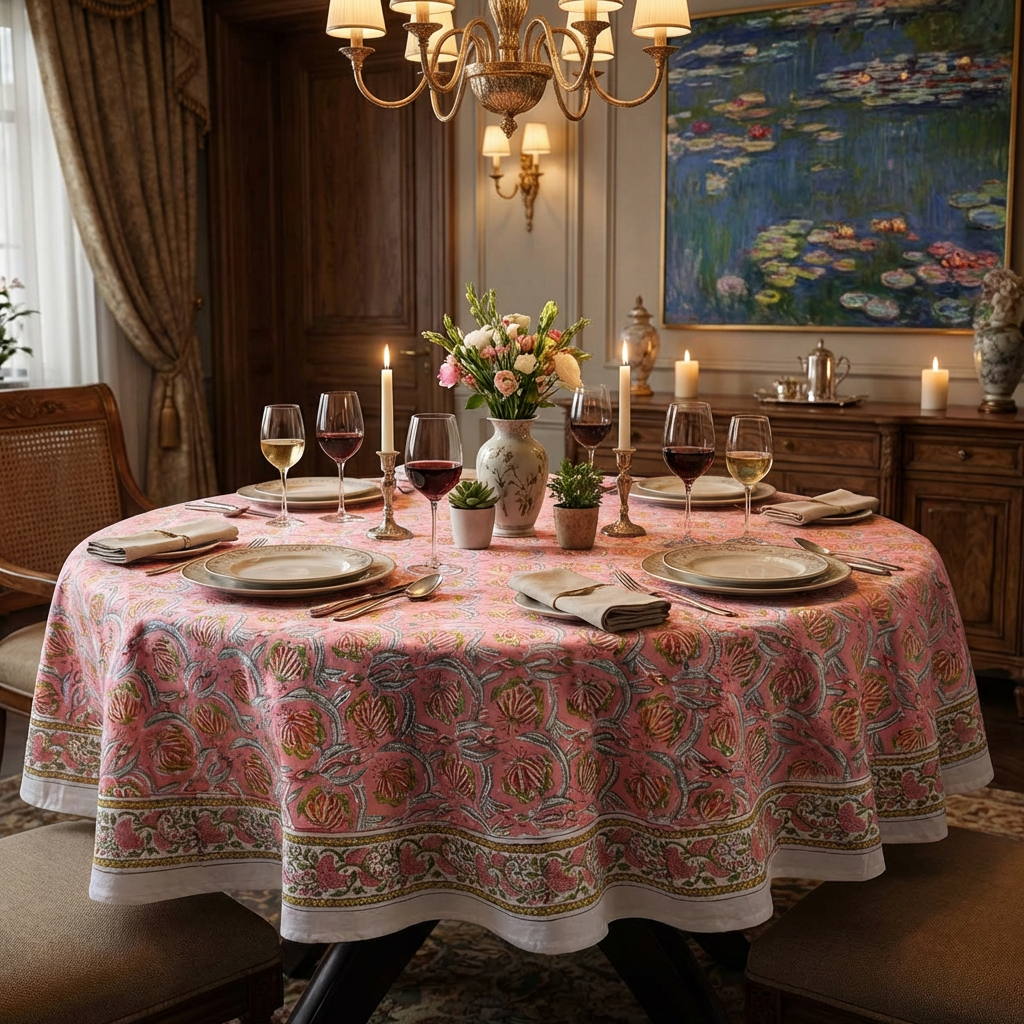 Hand Block Printed Cotton Round Tablecloth 150 cm Frost Pink Floral 202816