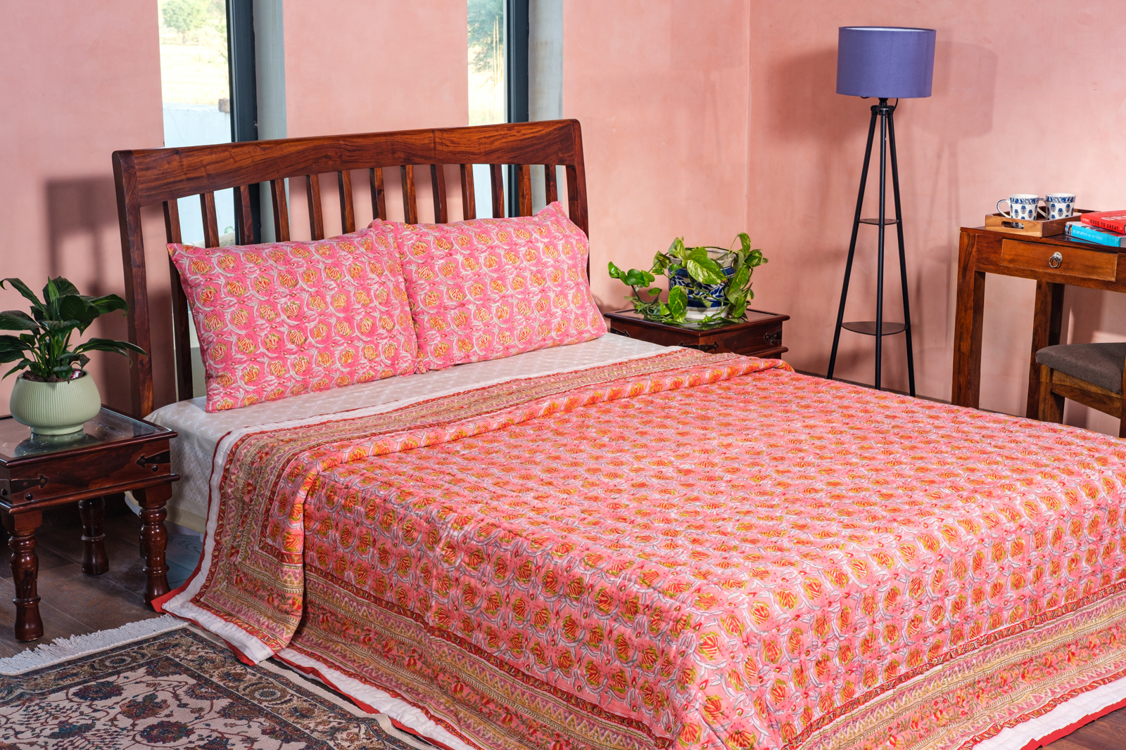 Hand Block Printed Cotton King Size Quilt Frost Pink Floral 202816