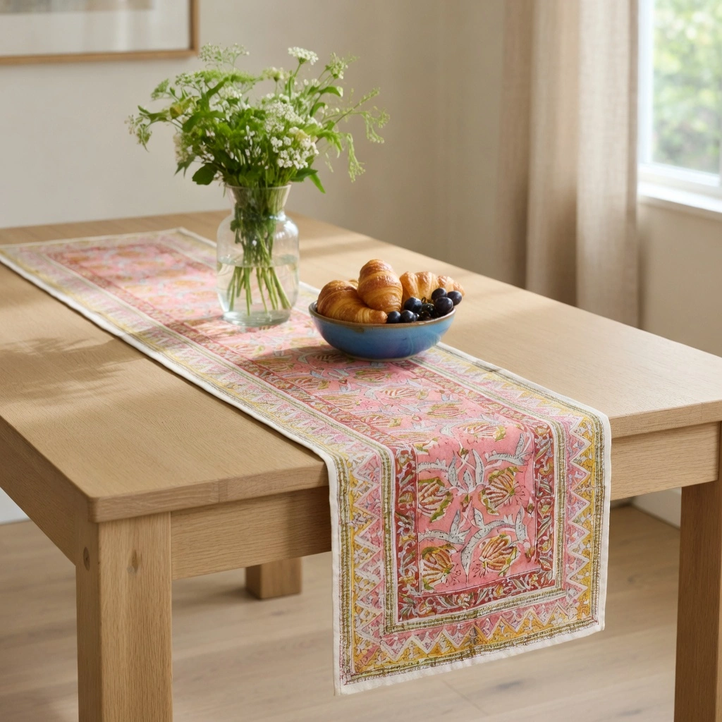 Hand Block Printed Cotton Canvas Table Runner 33x170 cms Frost Pink Floral 202816