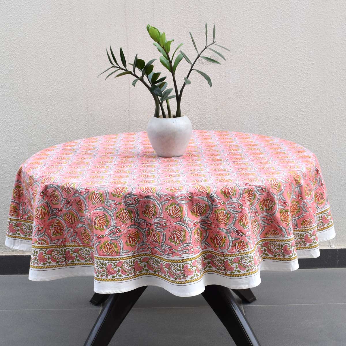 Hand Block Printed Cotton Round Tablecloth 150 cm Frost Pink Floral 202816