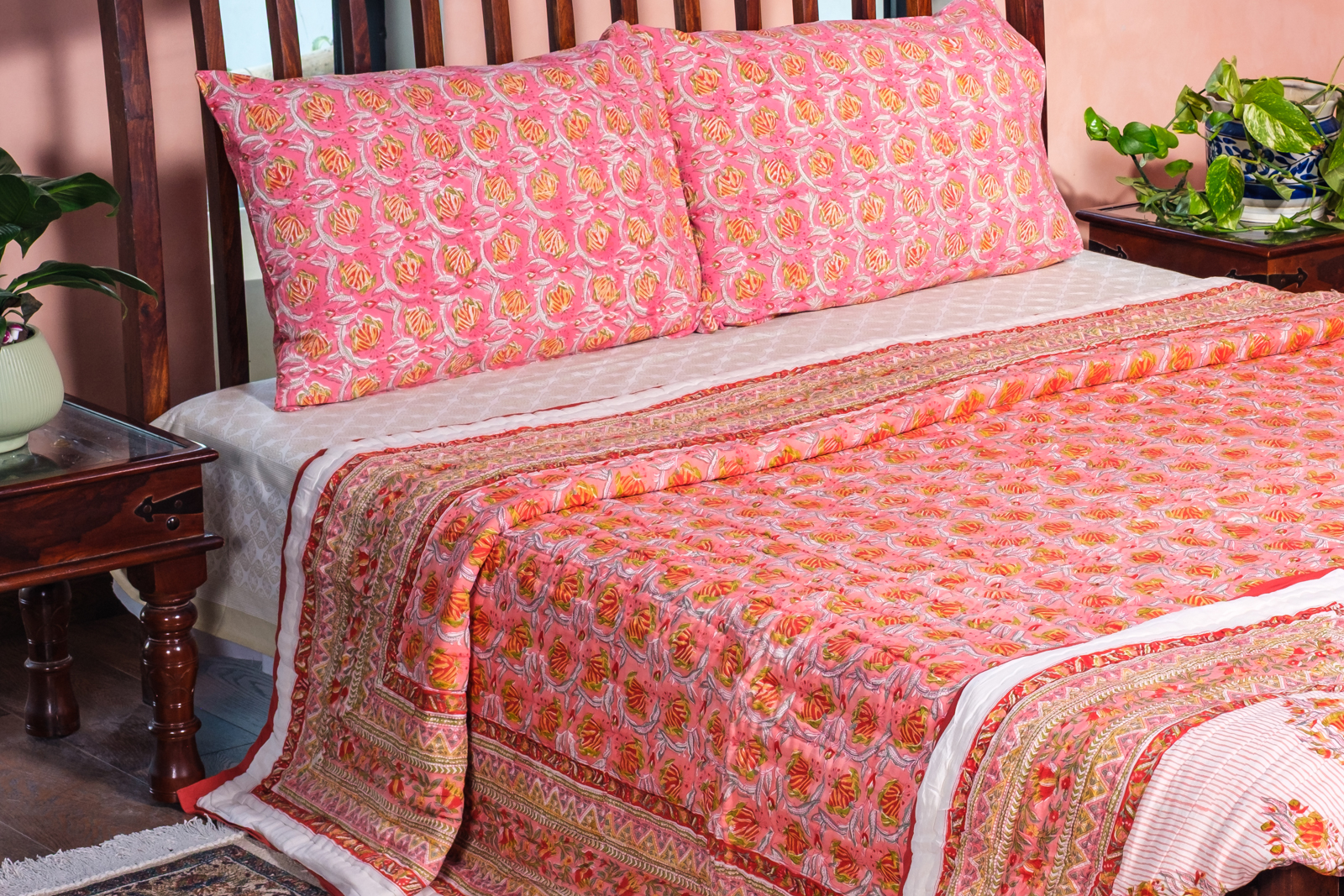 Hand Block Printed Cotton King Size Quilt  Frost Pink Floral 202816