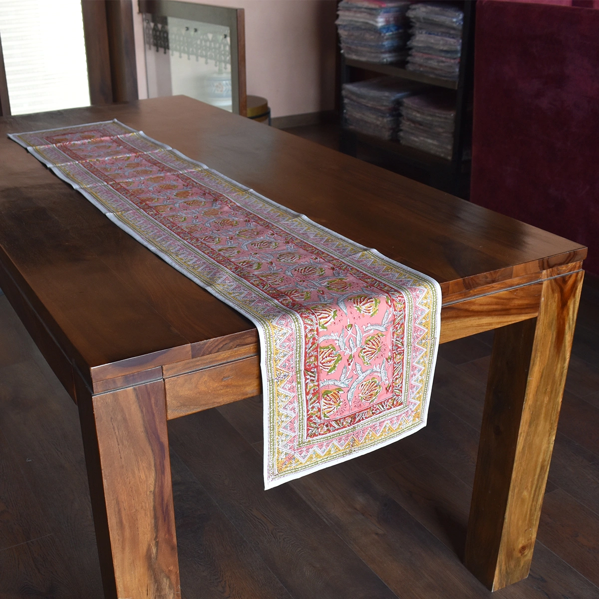 Hand Block Printed Cotton Canvas Table Runner 33x170 cms Frost Pink Floral 202816