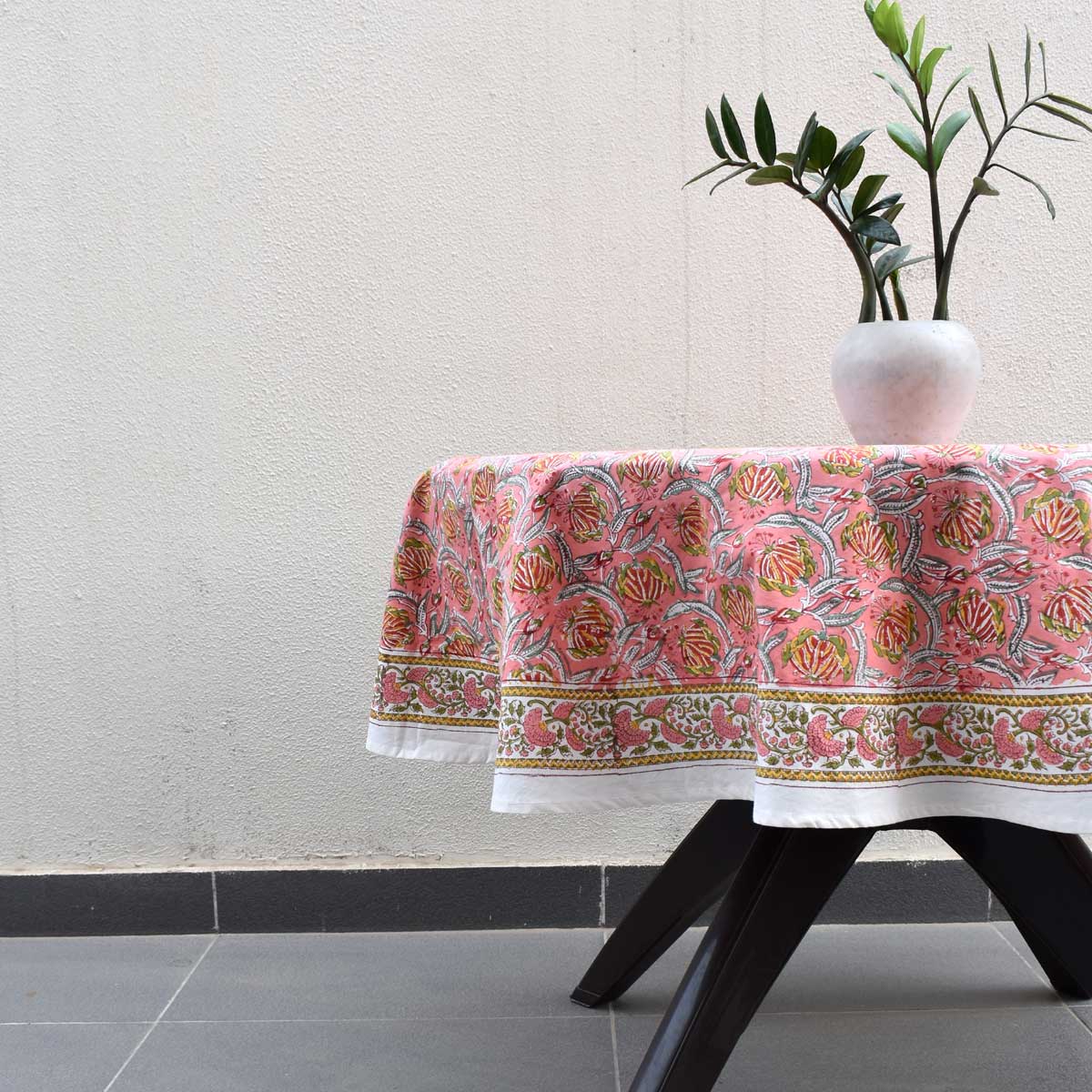 Hand Block Printed Cotton Round Tablecloth 150 cm Frost Pink Floral 202816