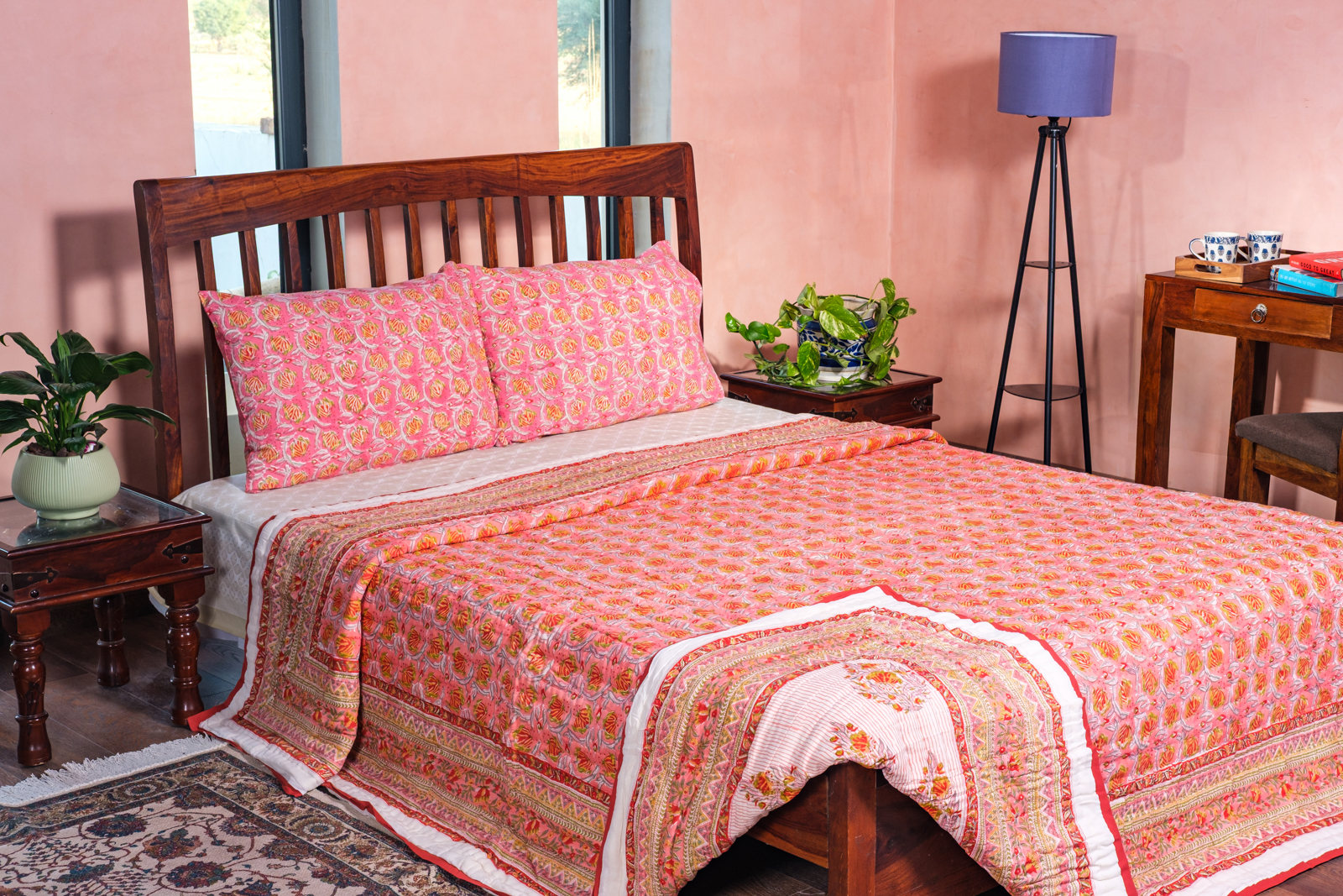 Hand Block Printed Cotton King Size Quilt  Frost Pink Floral 202816