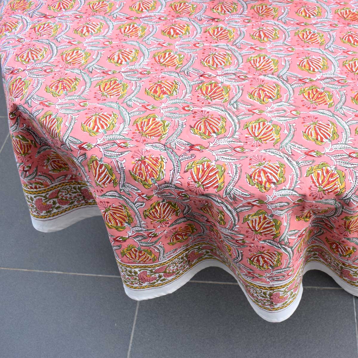 Hand Block Printed Cotton Round Tablecloth 150 cm Frost Pink Floral 202816