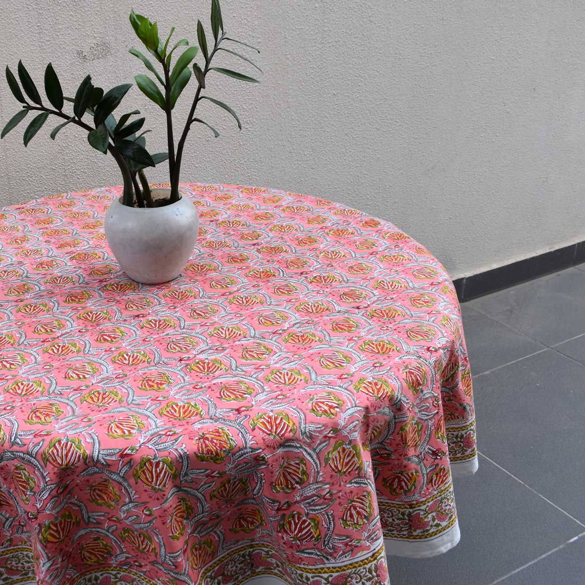 Hand Block Printed Cotton Round Tablecloth 150 cm Frost Pink Floral 202816