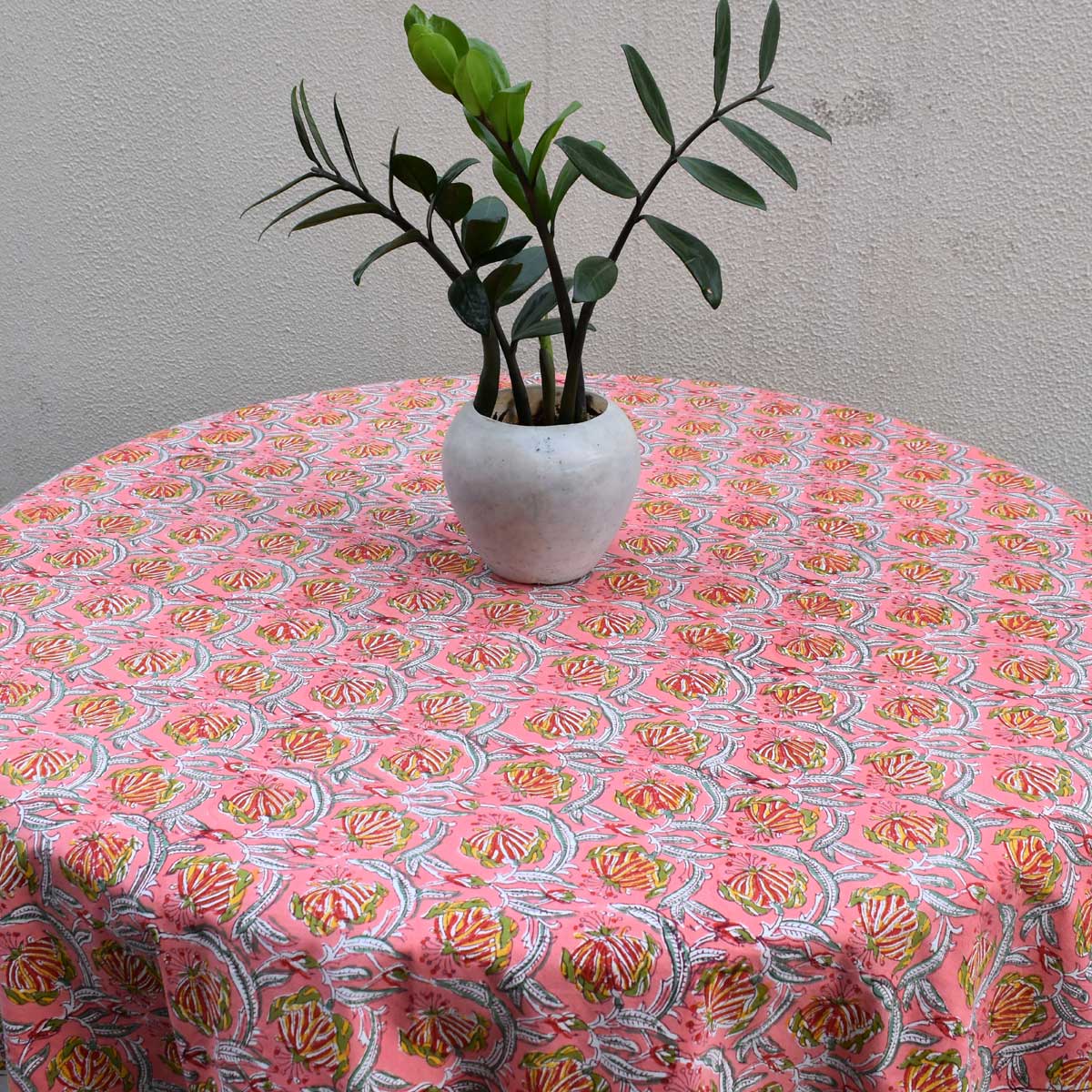Hand Block Printed Cotton Round Tablecloth 150 cm  Frost Pink Floral 202816