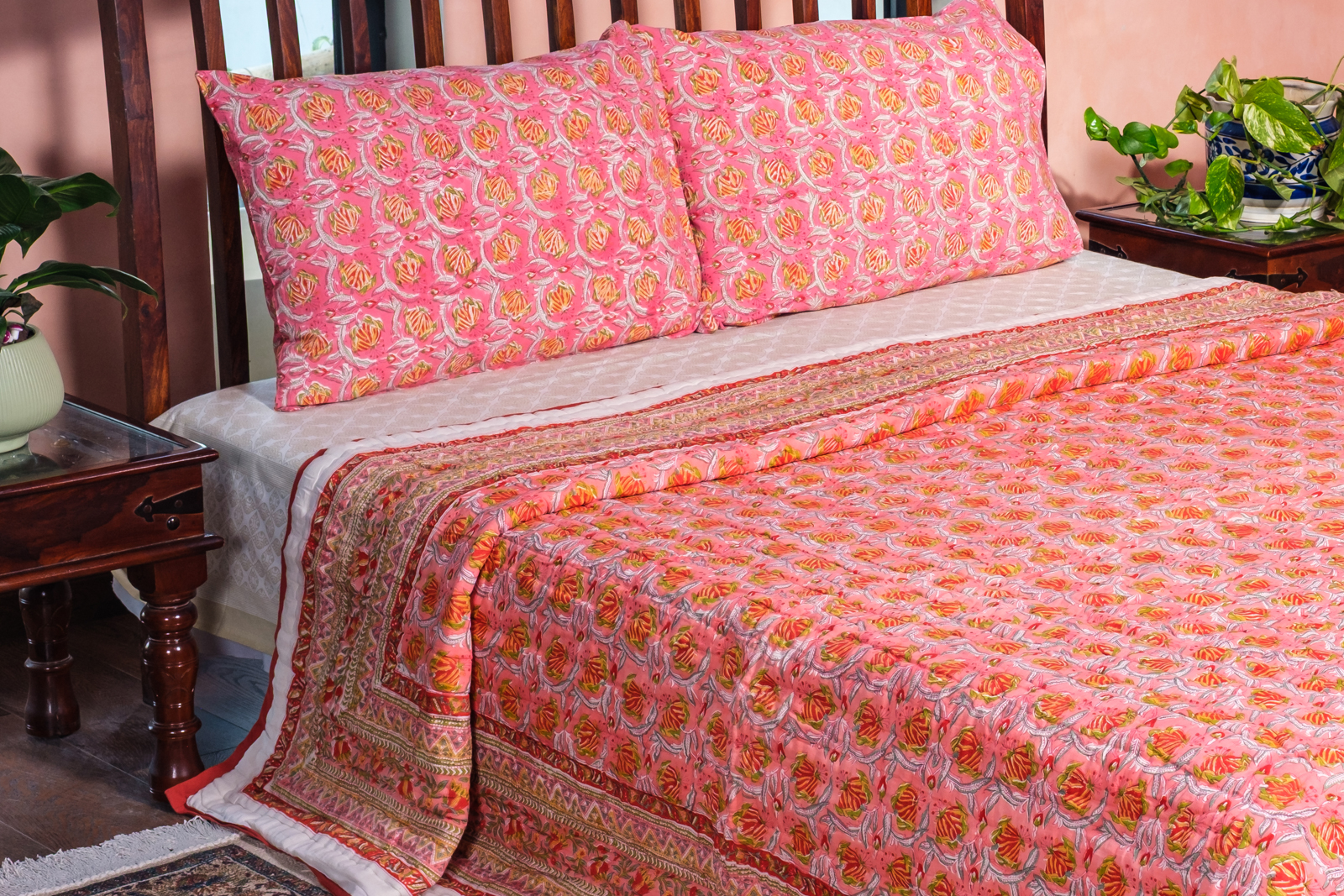 Hand Block Printed Cotton King Size Quilt Frost Pink Floral 202816
