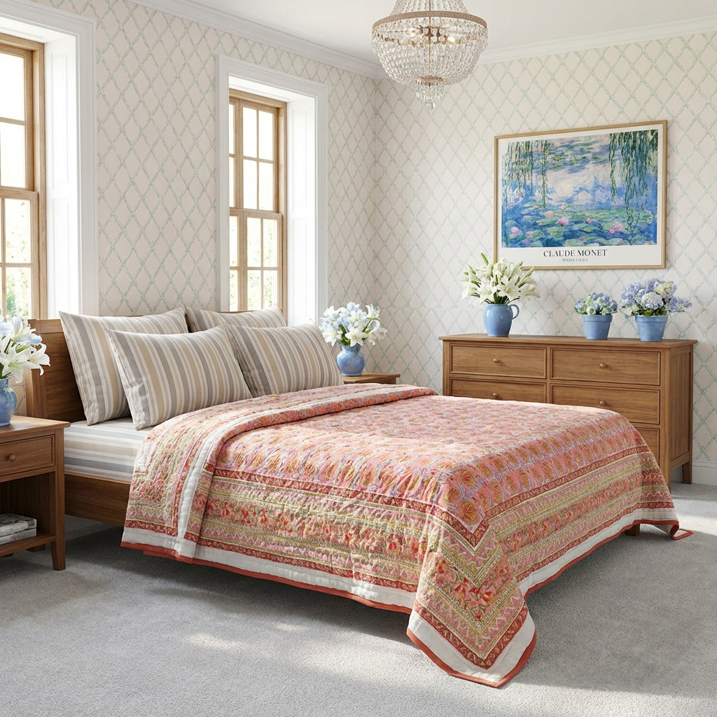 Hand Block Printed Cotton King Size Quilt  Frost Pink Floral 202816