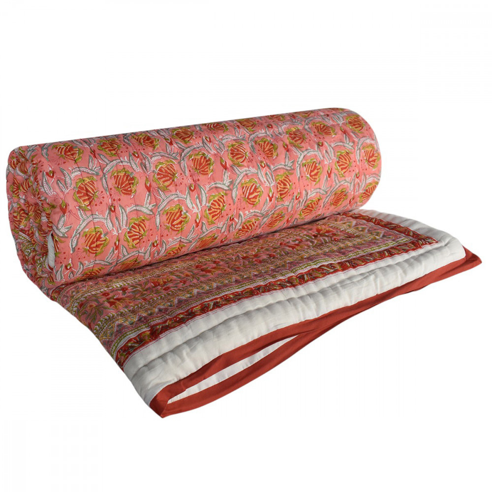 Image of Hand Block Printed Cotton King Size Quilt | Frost Pink Floral 202816