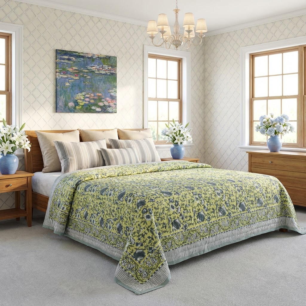 Hand Block Printed Cotton Twin Size Quilt Garden Glade 701880