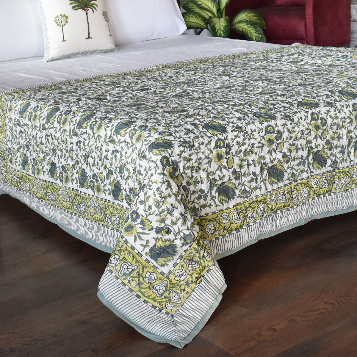 Hand Block Printed Cotton Twin Size Quilt Garden Glade 701880