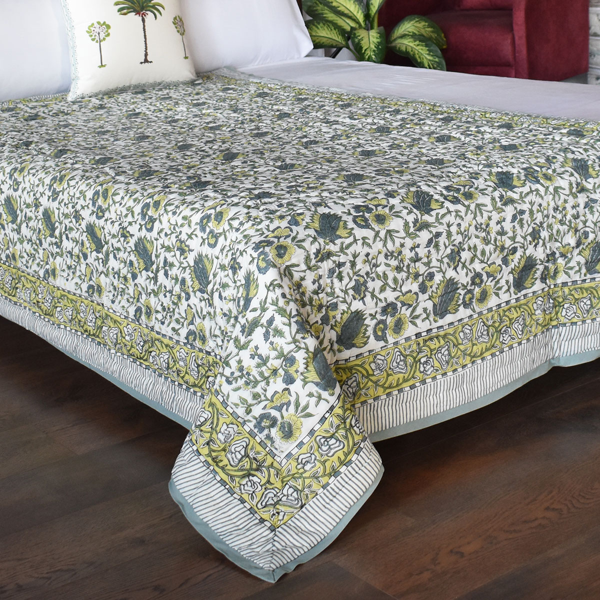Hand Block Printed Cotton Twin Size Quilt Garden Glade 701880