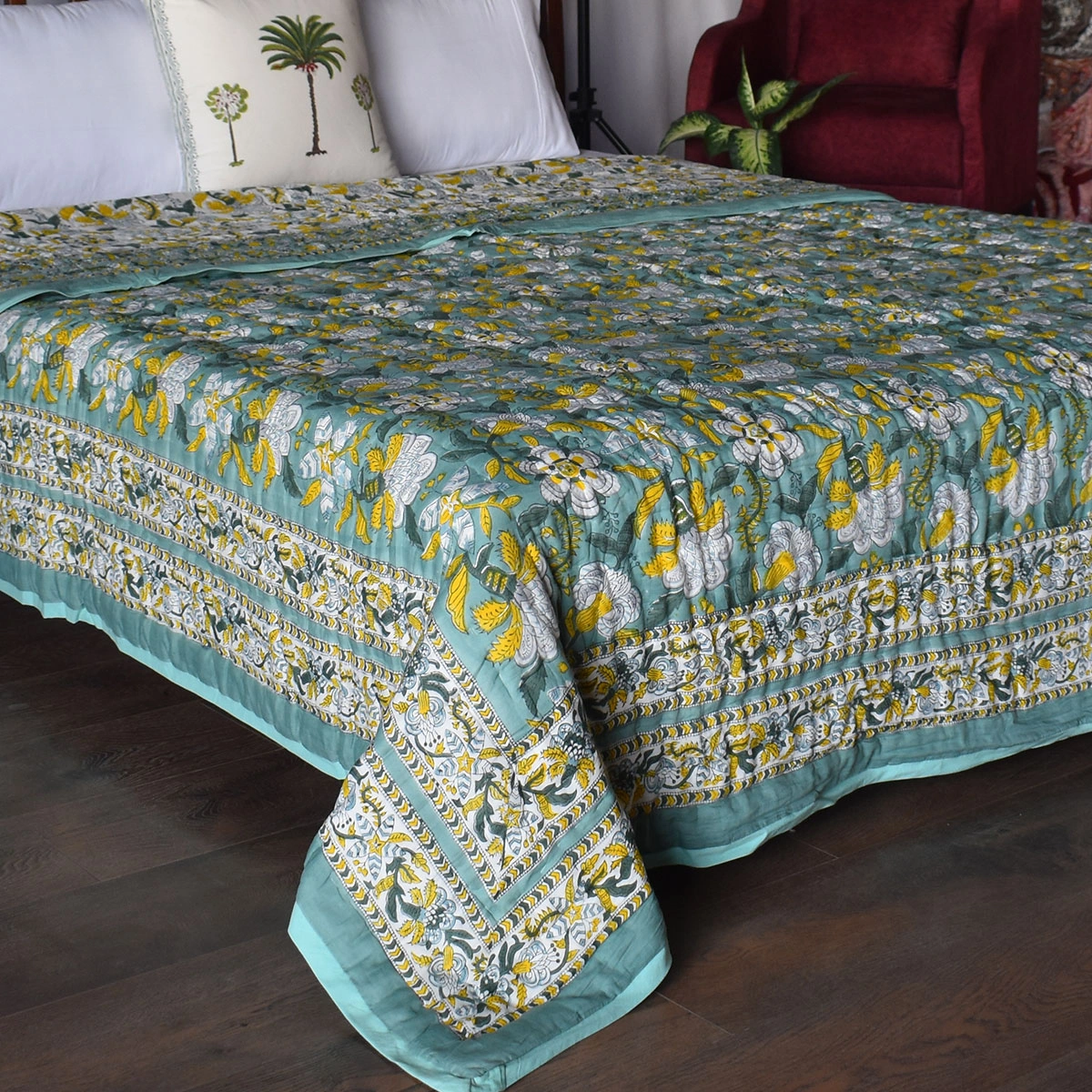 Hand Block Printed Cotton King Size Quilt Garden Song Green 260102