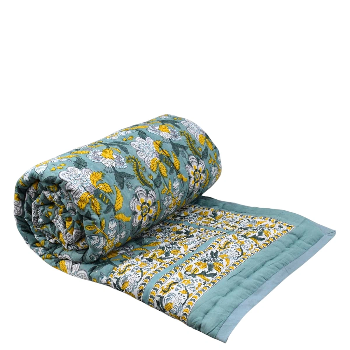 Hand Block Printed Cotton Twin Size Quilt Garden Song Green 260102