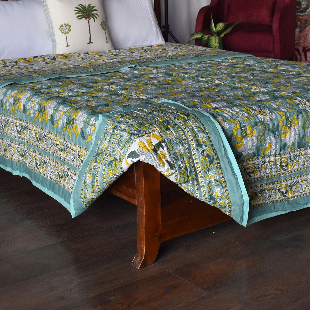 Hand Block Printed Cotton King Size Quilt Garden Song Green 260102