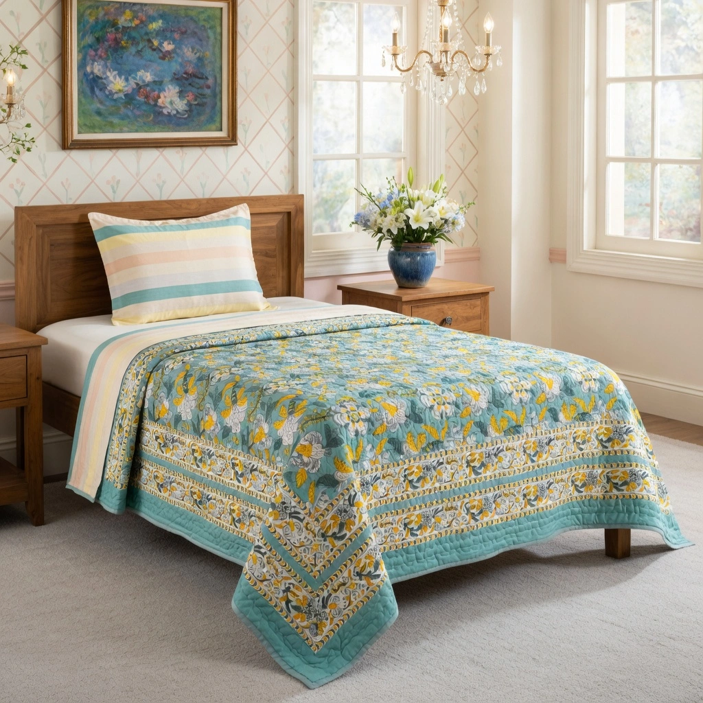 Hand Block Printed Cotton Twin Size Quilt Garden Song Green 260102