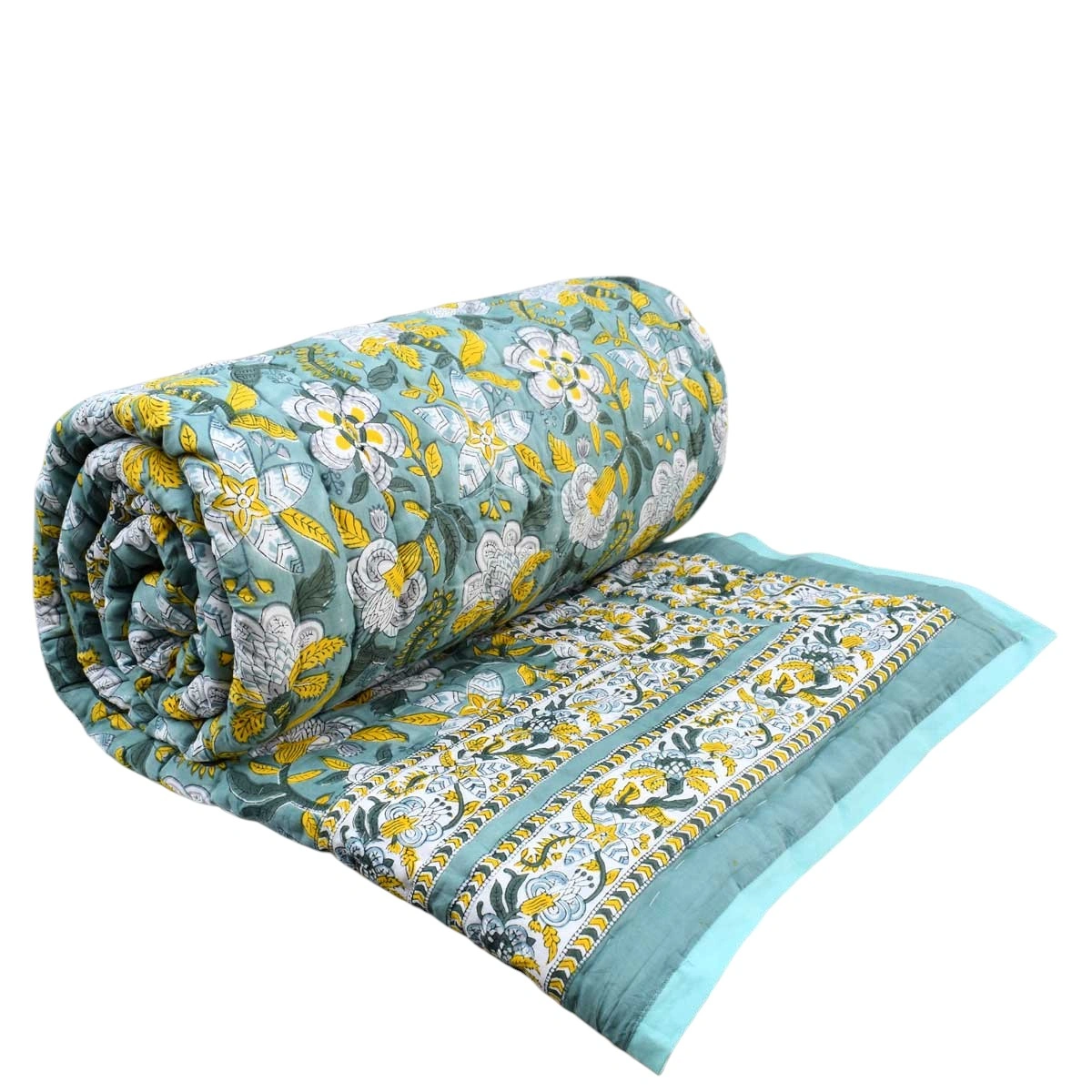 Hand Block Printed Cotton King Size Quilt Garden Song Green 260102