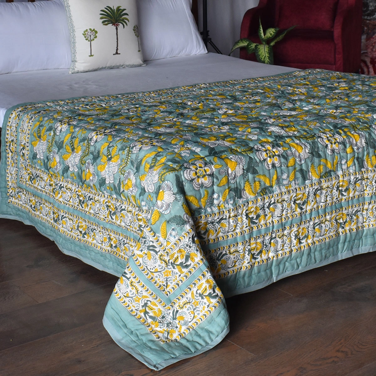 Hand Block Printed Cotton Twin Size Quilt Garden Song Green 260102