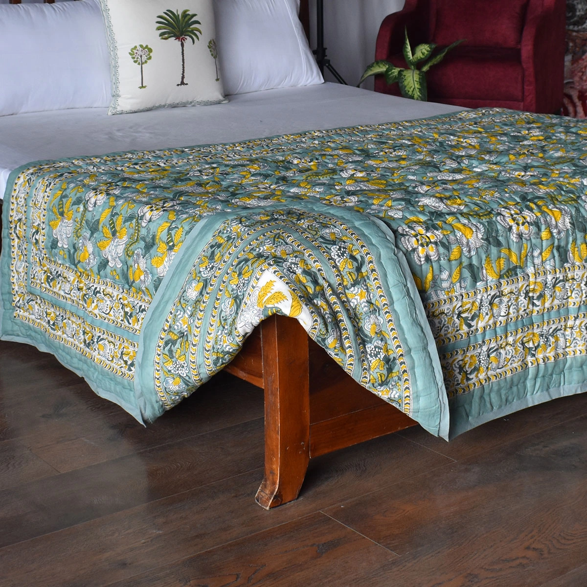 Hand Block Printed Cotton Twin Size Quilt Garden Song Green 260102