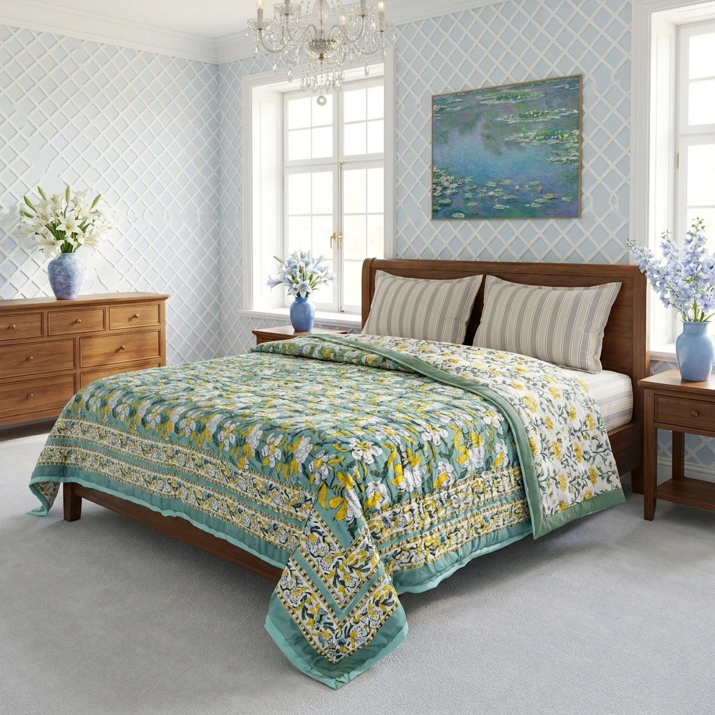 Hand Block Printed Cotton King Size Quilt Garden Song Green 260102